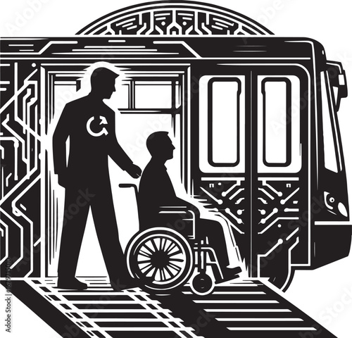 Illustration of a person assisting a wheelchair user onto a modern train with accessible features