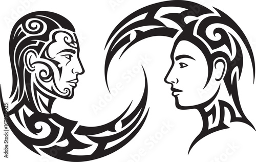 Intertwined tribal portraits symbolizing connection and duality