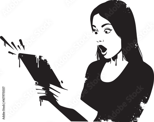 Surprised woman reacts to shocking news on her tablet, black and
