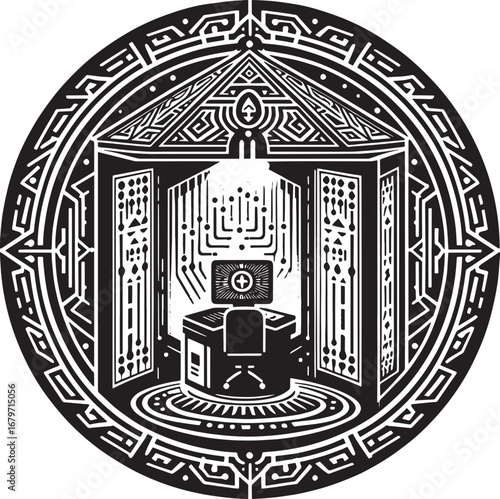 Intricate black and white vector illustration of a futuristic technological control room in a circle