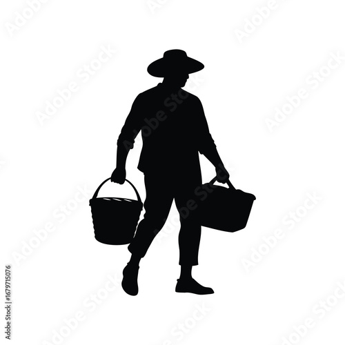 Silhouette of a person carrying a basket and a bucket on white background, farmer carrying basket silhouette vector illustration