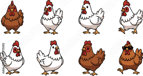 Cartoon chicken collection, various poses/colors. Farm animals, funny, humor, comic, poultry, birds, agriculture, animation.