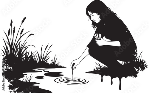 Monochrome contemplation a woman touches the water surface with