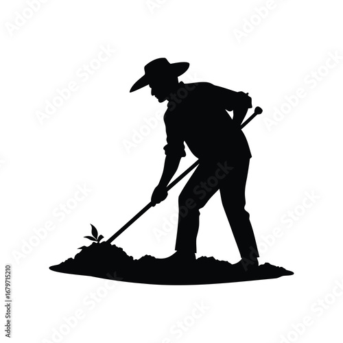 Silhouette of a farmer working in the field with a hoe and hat, farmer cultivating soil silhouette vector illustration