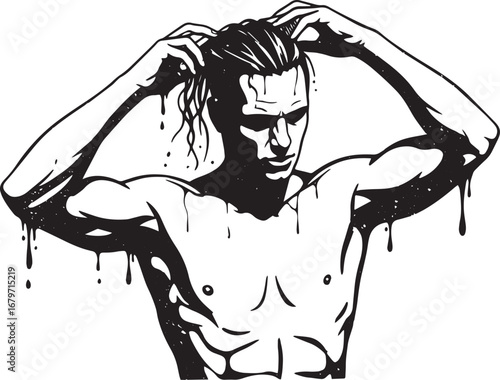 Monochrome graphic depiction of a man styling wet hair with drip