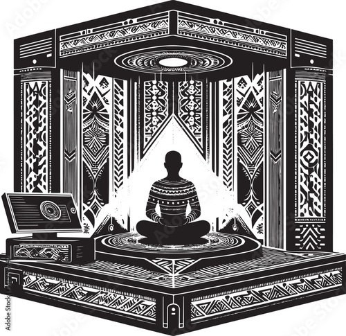 Intricate black and white illustration depicting a person meditating in a futuristic chamber