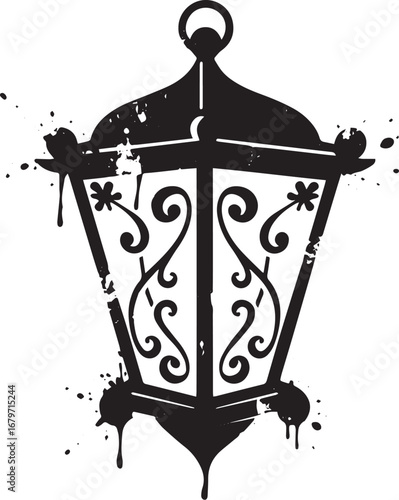 Ornate Black Lantern with Ink Splatter Effect on a Clean White B