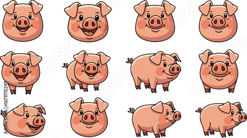 Cute cartoon pigs collection, various poses. Farm animals, characters, design elements, vector illustration, cheerful, happy, isolated, graphic.