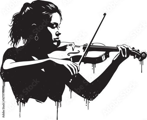 Monochrome depiction of a woman skillfully playing the violin wi