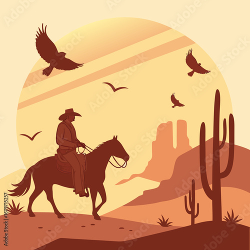 Cowboy on Horseback at Sunset in Desert Silhouette Vector Illustration