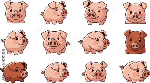 Cartoon pigs display happy faces. Cute animal illustrations, cheerful farm life, domestic animal, farm animal, kawaii, piggies, piggy, happiness