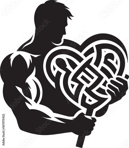 Strong muscular man holding a heart-shaped design with a complex pattern, silhouette style