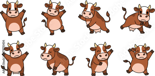Cartoon cows with various poses and expressions. Adorable farm animals, funny, cute, mascot, dairy, bovine, happy, playful, vector, illustration