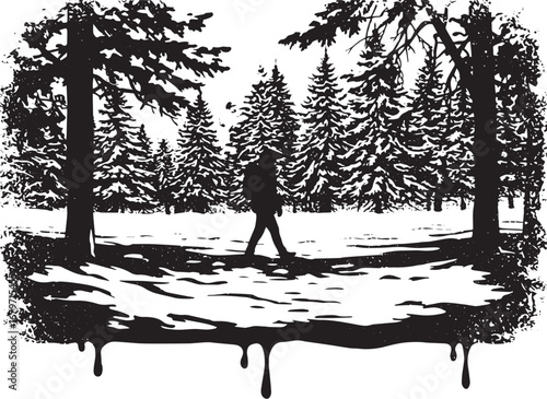 Solitary winter trek monochrome illustration in snowy woodland t