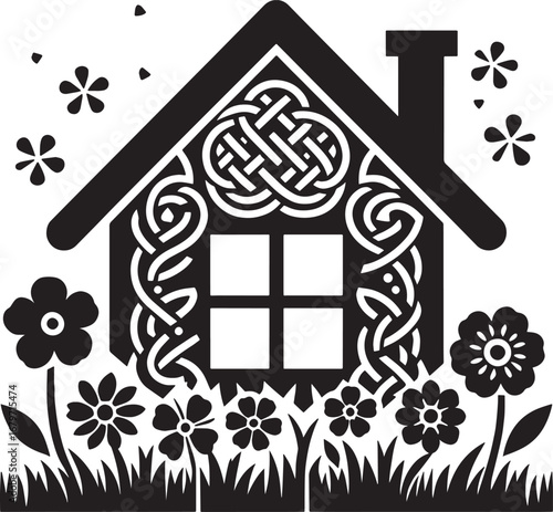 Black and White Illustration of a House with Decorative Elements and Floral Surroundings