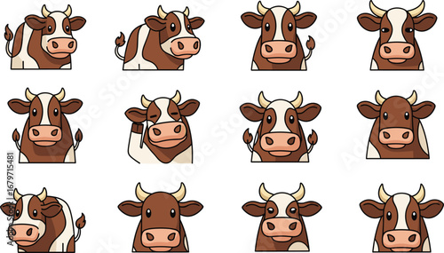 Cartoon cow faces illustration. Farm animal, livestock, agriculture, dairy, bovine, horned, cute, funny, mascot, icon, character.