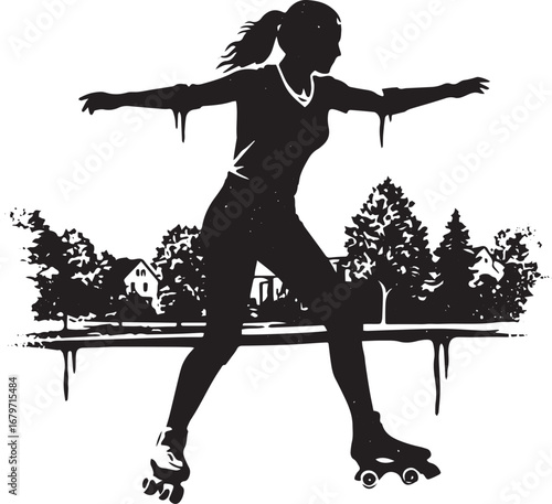 Silhouette of a woman roller skating against a picturesque lands