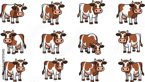 Cartoon cows stand in rows. Dairy farm animals, livestock, agriculture, farming, cattle, illustration, rural, animal husbandry, milk, farm, brown, white