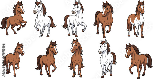 Horses pose in various positions. Cartoon animals, farm life, mammals, equestrian, equine, livestock