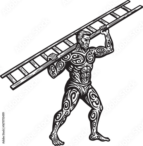 Strong tattooed man carrying a ladder on his shoulders, stylized