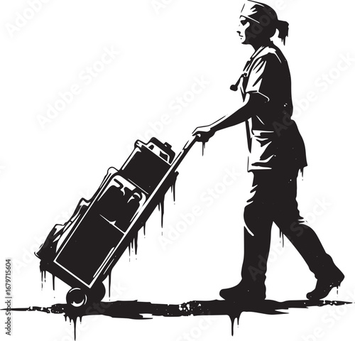 Healthcare professional pulling medical equipment with urgency a