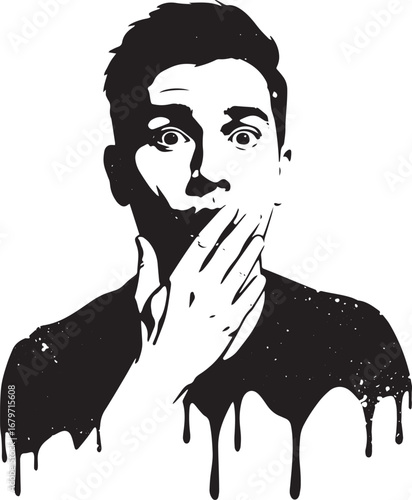 Monochromatic portrait of a surprised man covering his mouth wit