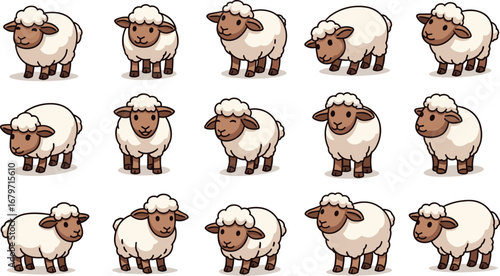 Cartoon sheep stand in rows. Cute farm animals, fluffy wool, agriculture, livestock, idyllic, farm life, cartoon illustration, animal art, sheep