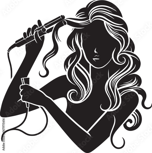 Silhouette of a Woman Styling Hair with a Curling Iron in a Beauty Salon Setting