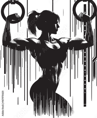 Silhouette of a muscular woman exercising with gymnastic rings, artistic fitness concept