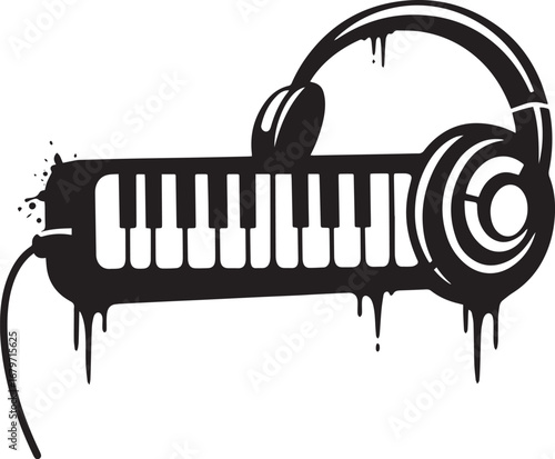 A striking black and white musical design featuring a keyboard a