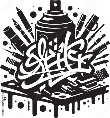 Bold Black and White Graffiti Art Design Featuring Spray Can, Pens, and Artistic Elements