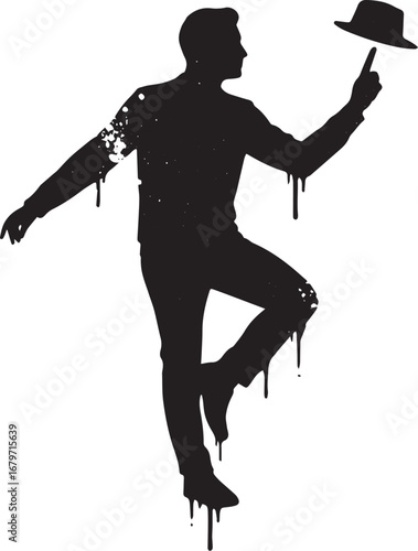 Silhouette artist deftly balancing a hat on his finger with a sp
