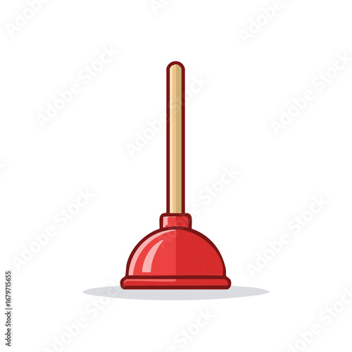 Red Plunger with Wooden Handle, Plumbing Tool for Unclogging Drains, Cartoon Style Illustration, Maintenance