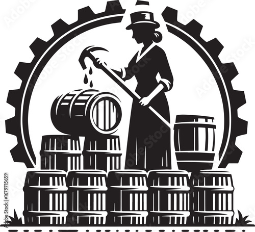 Silhouette of a woman tapping a barrel with a cogwheel and barrels in a vintage style design