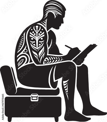 Silhouette of a man with tattoos writing on a clipboard while seated on a small ottoman