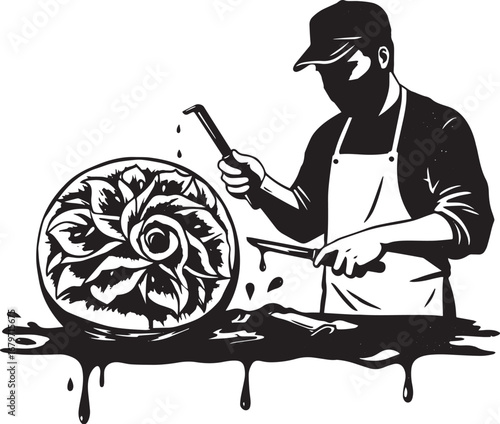 Detailed monochrome illustration of a man skillfully carving a v