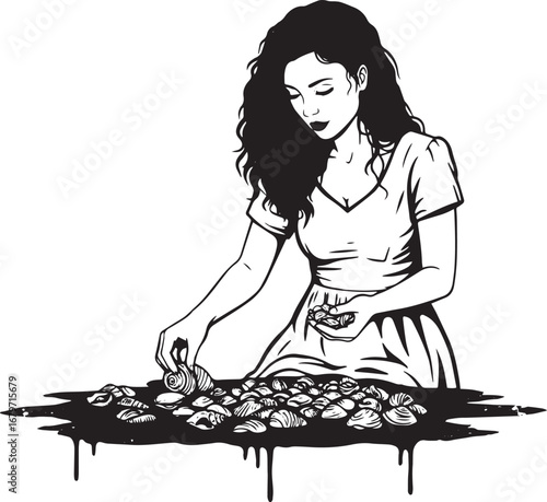 Illustration of a focused woman sorting a collection of seashell