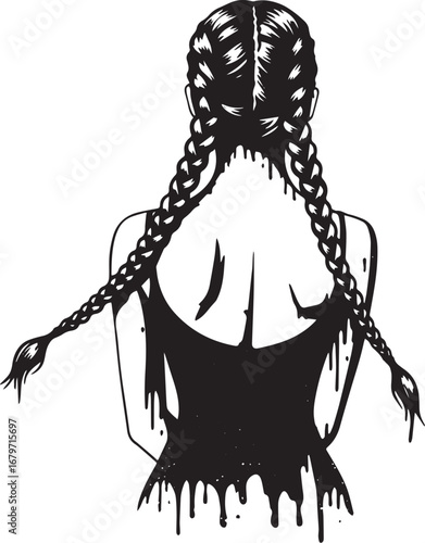 Monochromatic illustration of woman's back with braided hair and