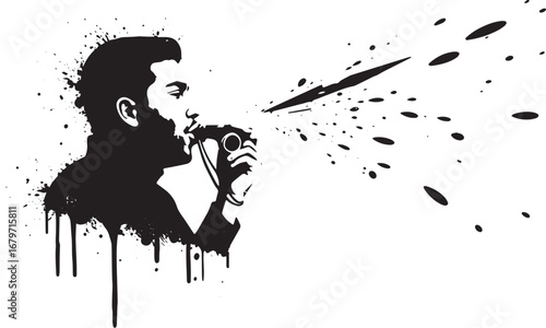 Monochrome silhouette of a man blowing a whistle with a burst ef