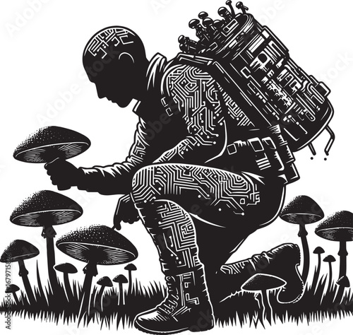 Illustration of a cyberpunk character harvesting mushrooms with a technology-integrated backpack