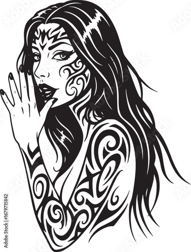 Tribal beauty illustration, stylized woman with traditional tatt