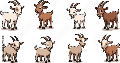 Cartoon goats stand in a group. Farm animals, agriculture, livestock, cute, funny, illustration