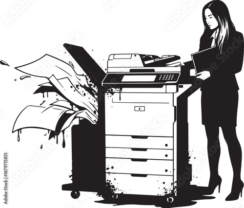 Monochromatic office drama: A woman and malfunctioning printer i