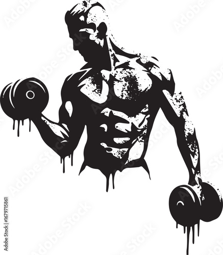 Stylized graphic of a muscular man lifting dumbbells on a clean