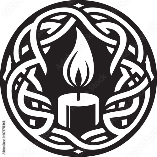 Intricate Black and White Celtic Knot Design with a Candle Flame, Circle Composition