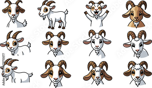 Cartoon goats collection with fun expressions. Farm animals, illustration, cute, playful, farm, mammal, horned, livestock, mascot, farm life, rural