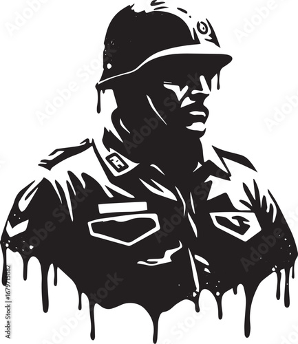 Monochrome vector silhouette showcasing a soldier in combat atti