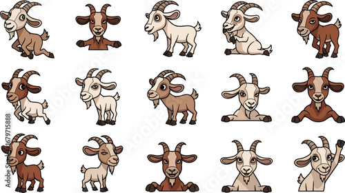 Cartoon goats pose and stand. Farm animals, cute, illustration, mascot, whimsical, livestock