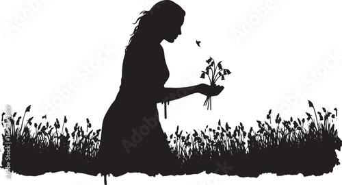 Silhouette of a woman holding bluebells in a field, evoking calm