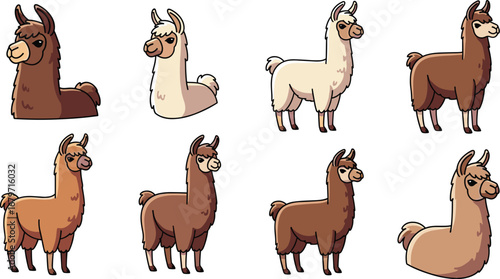 Llama collection, cartoon illustrations. Cute animal art, vector set, mammal design, alpaca character, farm, wildlife, funny, adorable, comic, drawn.